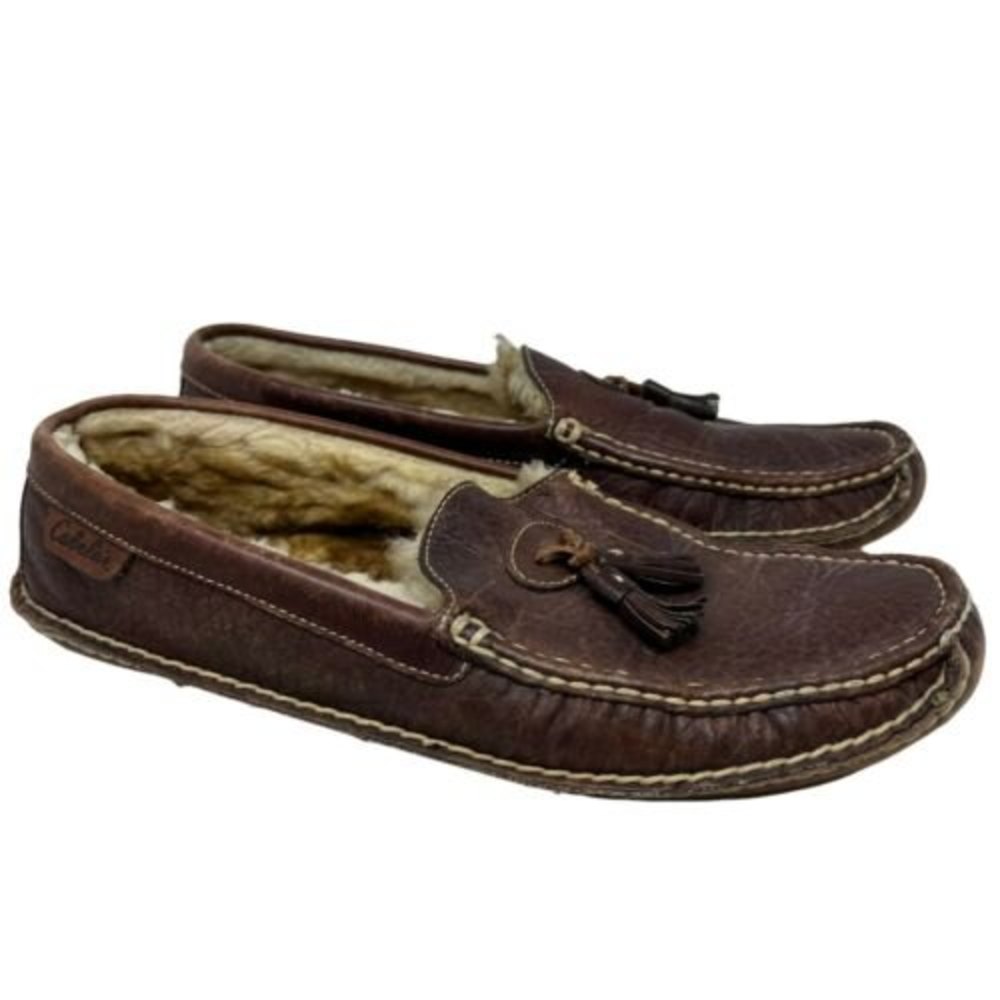 Cabelas Men's Moccasin Slipper Brown Shearling Lined Tassel Leather Size 13EE